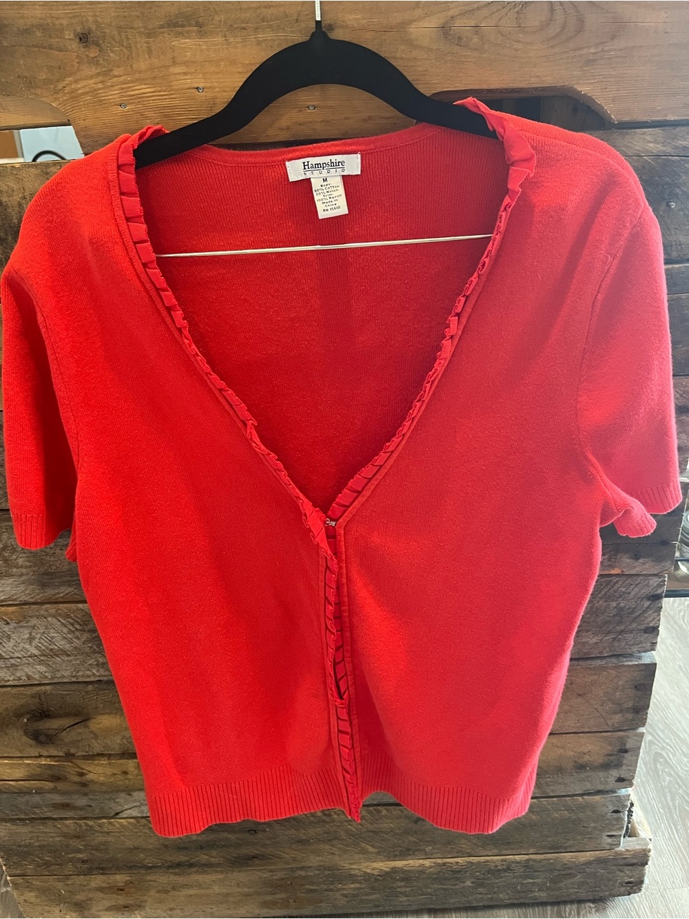 Hampshire Collection Women’s Red Short-Sleeve V-Neck Cardigan with Ruffle Trim